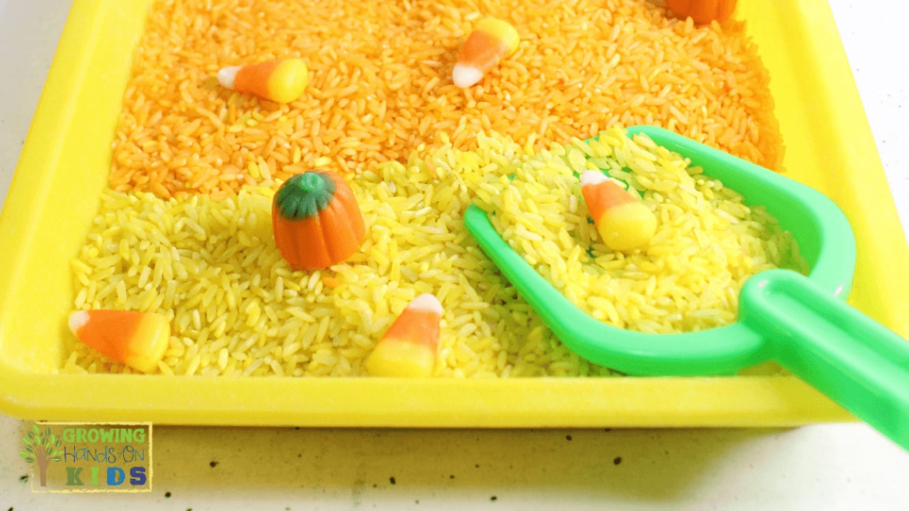 Candy Corn Sensory Bin.