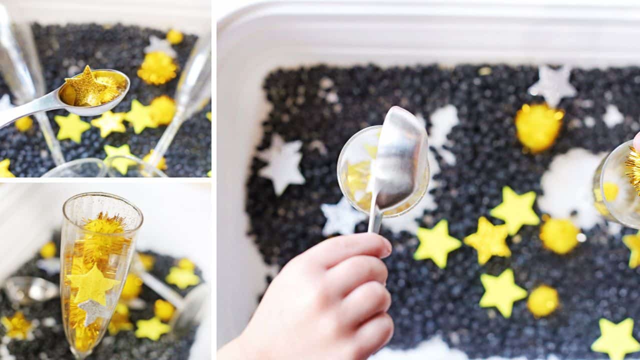 new years sensory bin playing 2.