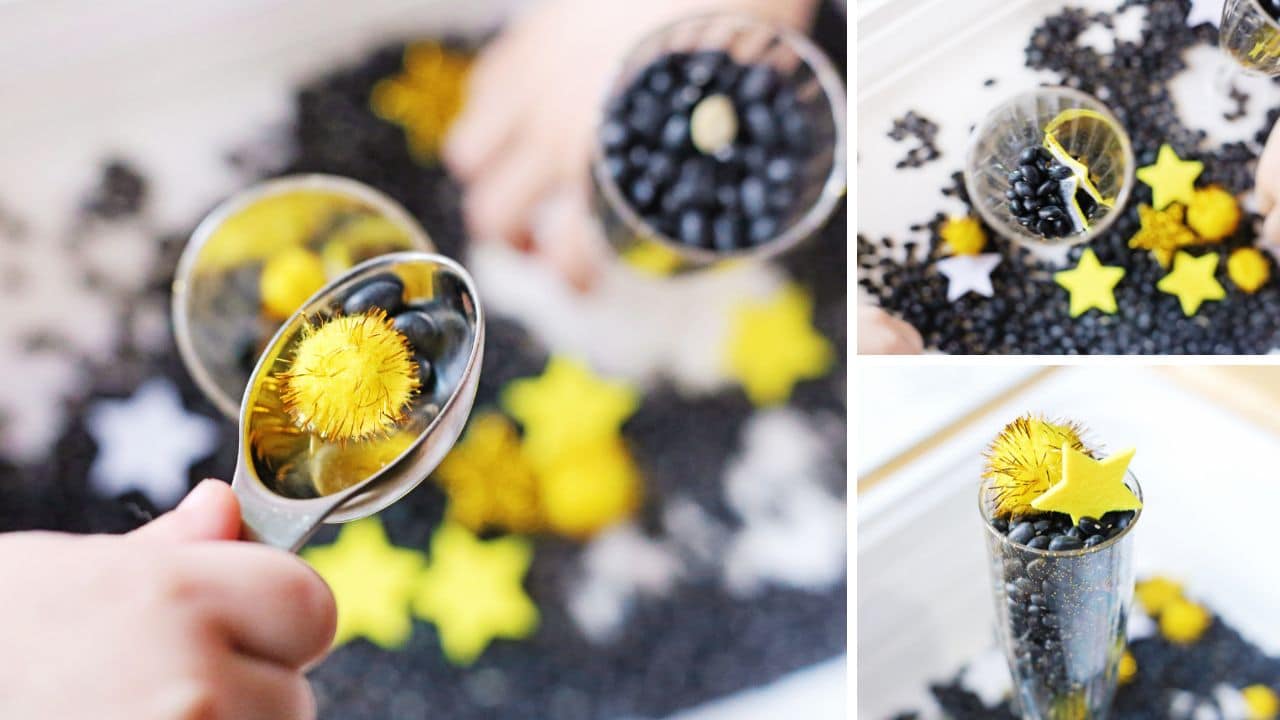 new years sensory bin playing.