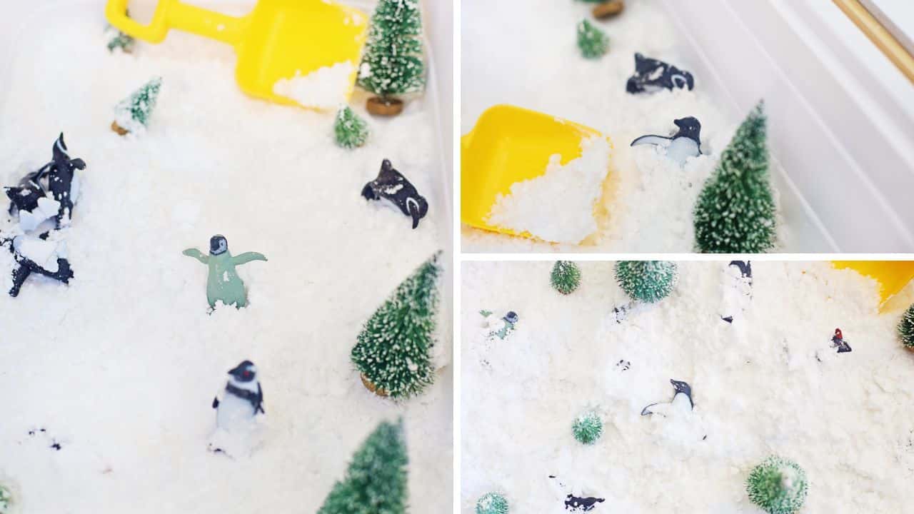 penguin rescue sensory bin playing 2