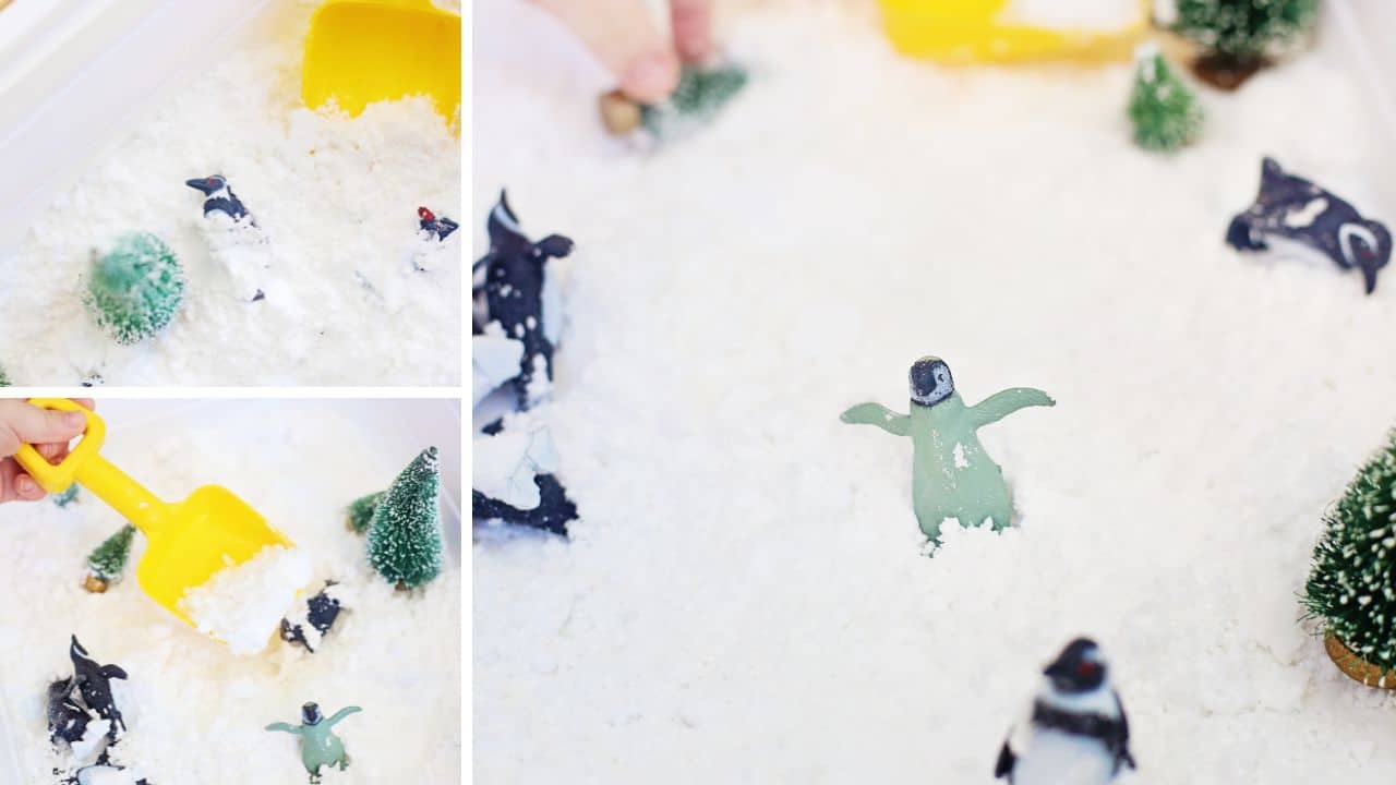 penguin rescue sensory bin playing.